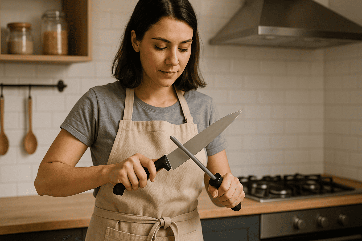 Femme qui aiguise son couteau